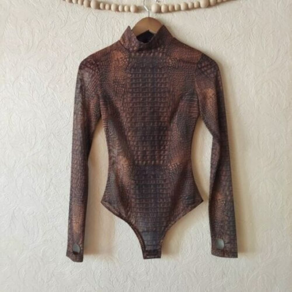 Kenzie 2.0 Reptile Long Sleeve Bodysuit in Brown Croc Print - Picture 2 of 4